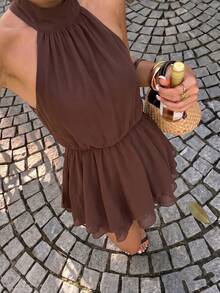 Casual Brown Halter Neck Sleeveless A-Line Mini Dress, Chiffon Fabric, Layered Hem, Back Tie Design, Suitable For Summer Vacation, Beach, Outing And Wedding - Coffee Brown - View 5