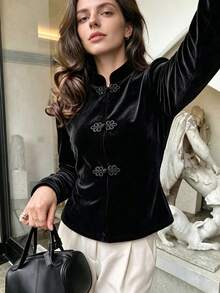 Autumn/Winter Solid Color Frog Button Stand Collar Long Sleeve Slim Fit Top And Pants Set, Tea Party Daily Commute Modern Chinese Style, Black 2-Piece Set - Black - View 3