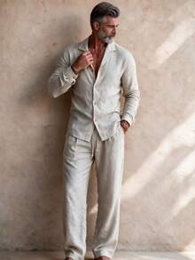GOLDREDY Men's Loose Casual Fashion Long Sleeve Blazer & Pants 2 Pieces Set, Suitable For Outdoor Casual Wear, Minimalist - Beige - View 3