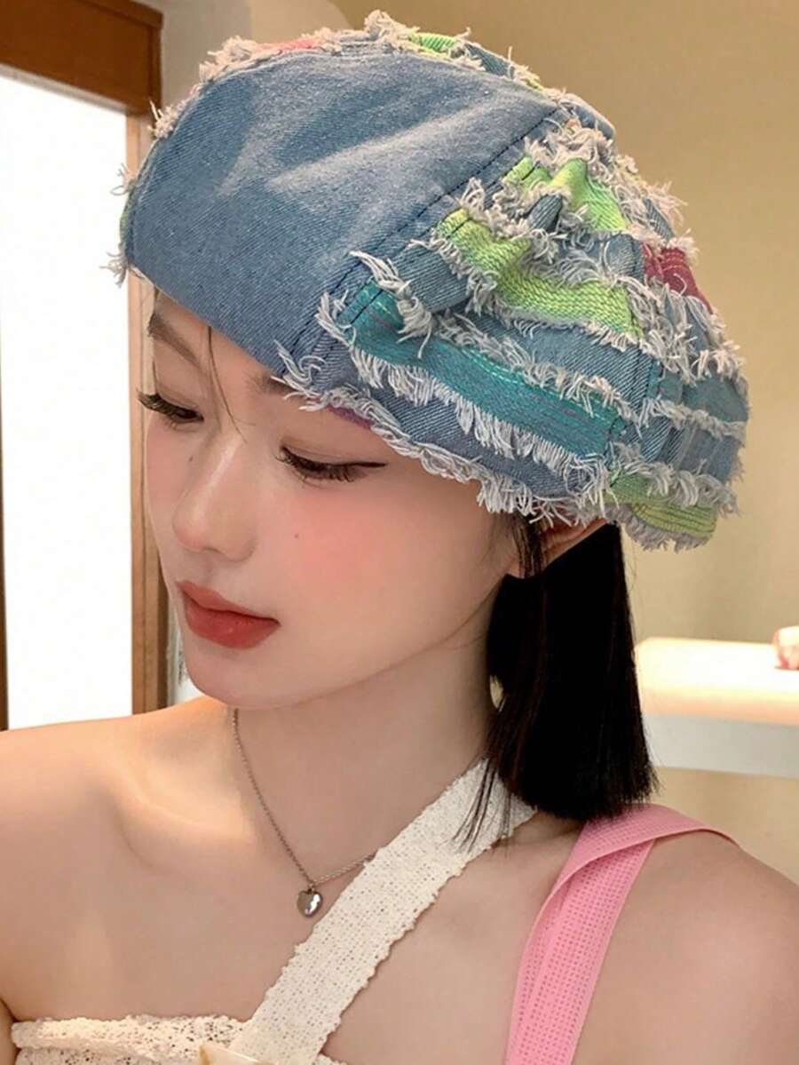 Korean Style Blue Denim Patchwork Washed Distressed Beret Hat For Women, Japanese Style Versatile Octagonal Cap, Flattering Face-Slimming Design - Multicolor - View 1
