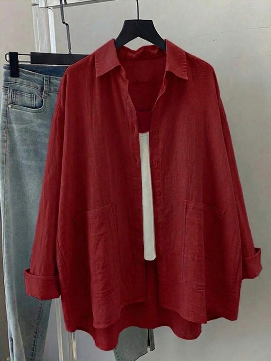 Women's Plus Size Solid Color Casual Loose Fit Shirt, Dropped Shoulder Long Sleeve Design, Woven Fabric, With Front Pocket, Versatile Top Red - Red - View 1