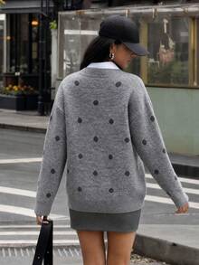 Women's Polka Dot Lace Trim Cardigan, Comfortable Button Front Top For Autumn/Winter, Suitable For Halloween, Thanksgiving, Christmas Outfits, Y2K Style - Grey - View 6