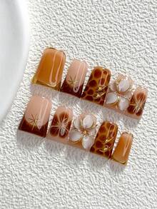 10片獨特風格手工穿戴甲，Polygel美甲套組，星光、花卉、棕色與白色指甲油，時尚風格，含美甲工具，3種尺寸可選，杏仁、鴨嘴、棺材形，適合派對、舞蹈、日常配戴（手工細節可能有所不同） - 彩色 - 查看 15