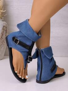 Vintage High-Top Thong Sandals With Adjustable Buckle Flat Sole Summer Women's Sandals, Suitable For Outdoor Vacation - Blue - View 3