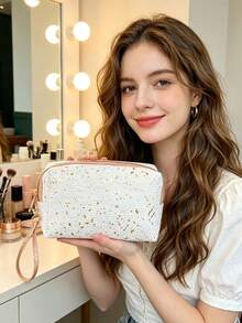 1pc Large Capacity Glitter Textured PU Leather Zippered Makeup Bag, Cosmetic Organizer, Portable Travel Storage Pouch For Daily Commute And Travel, Suitable For Men And Women, All Seasons - Multicolor - View 2