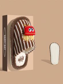 Cartoon French Fries Box Men's Slippers, Cute Striped Plush House Bedroom Slippers For Winter, Couple Wear - Dark Brown - View 8
