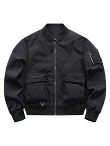 Men's Autumn/Winter Casual Versatile Zipper Front Baseball Collar Solid Color Plus Size Flight Jacket - Black - View 3