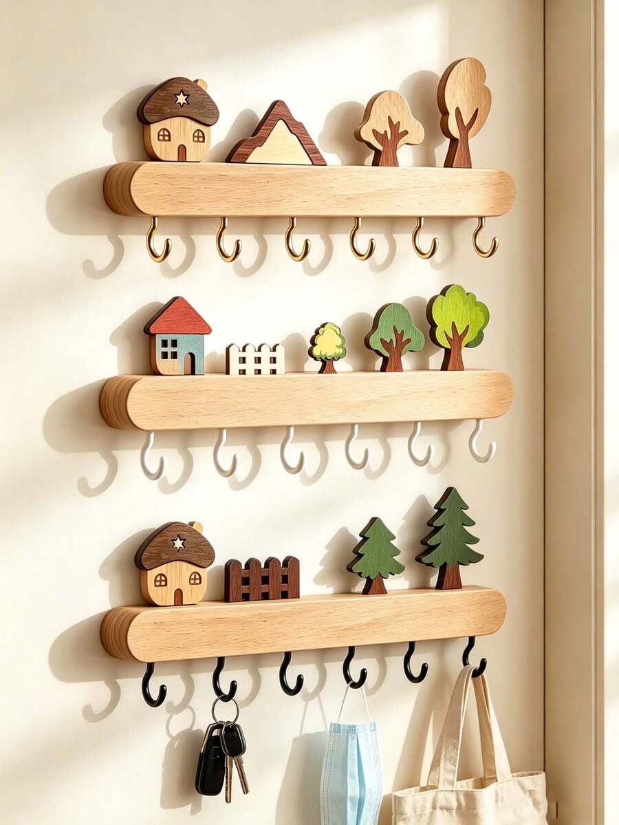 1pcsNordic‑Style Wooden Wall‑Mounted Hook Rack, Long Strip Rectangular Shape, Wall Hanging Storage Function, Entryway Key Holder, Wall Coat Hanger For Hallway Living Room Household Daily Organizing