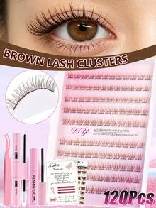 MEM 120pcs C Curl Brown False Eyelash Clusters, Ultra Fine Lashes, With Glue, Remover And Tweezers, Suitable For Eyelash Extensions, Single Lashes, Perfect For Beginners Home DIY, Eyelash Clusters, False Eyelashes - Brown - View 3