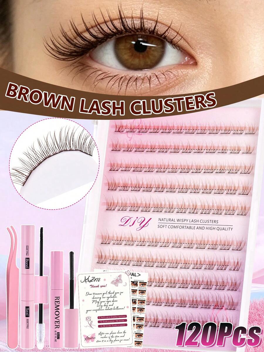 MEM 120pcs Bulu Mata Palsu Cokelat Lengkung C, Bulu Mata Ultra Halus, Dengan Lem, Penghapus Lem, dan Pinset, Cocok untuk Ekstensi Bulu Mata, Bulu Mata Tunggal, Sempurna untuk Pemula DIY di Rumah, Rangkaian Bulu Mata, Bulu Mata Palsu