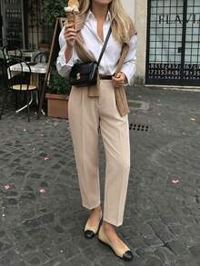 Spring Summer Autumn Khaki Straight Leg Casual Long Pants Commute Office Style Daily - Apricot - View 6