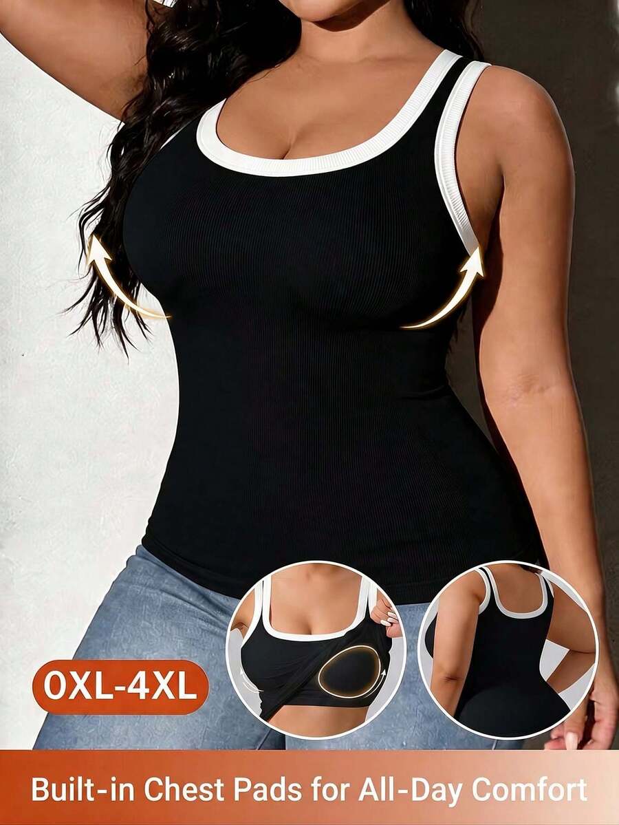 1pc All-Season Plus Size Color Block Trim Deep U-Back Tank Top, 2-In-1 Built-In Padded Cups, Slim Fit Outerwear Base Layer Sleeveless Top - Black - View 1