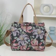 DLIU New Large Capacity Floral Pattern Tote Bag, Shoulder Bag, Crossbody Bag, Lunch Bag, Handbag, Lunch Box Storage Bag, Commuter Bag, Suitable For Work Lunch, Travel, Daily Use, Fabric Lining, Main Compartment With Semi-Closed Zipper, Front Zipper Pocket, Side Pockets - Black - View 4