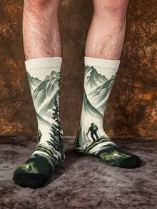 1/3 Pairs Mountain Hiker Creative Landscape Print Mid-Calf Socks, Christmas Holiday Outdoor Style Men's Socks - Multicolor - View 5