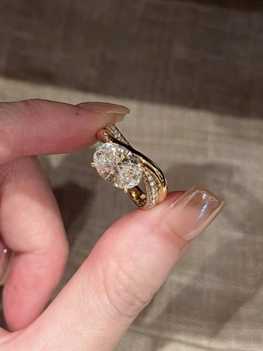 1pc Fashionable Luxury Exquisite Copper Old Money Style Full Rhinestone Cross Pigeon Egg Sparkling Diamond Ring Adjustable Wedding Wear Gift For Girlfriend - Yellow Gold - View 1