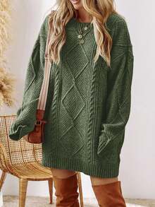 Acelitt Plus Size Women's Solid Color Knit Textured Cold Shoulder Plus Size Sweater Dress, Autumn/Winter - Green - View 2