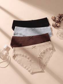 4pcs Solid Color Cute Bow Lace Patchwork Ribbed Cotton Women's Triangle Panties - Multicolor - View 4