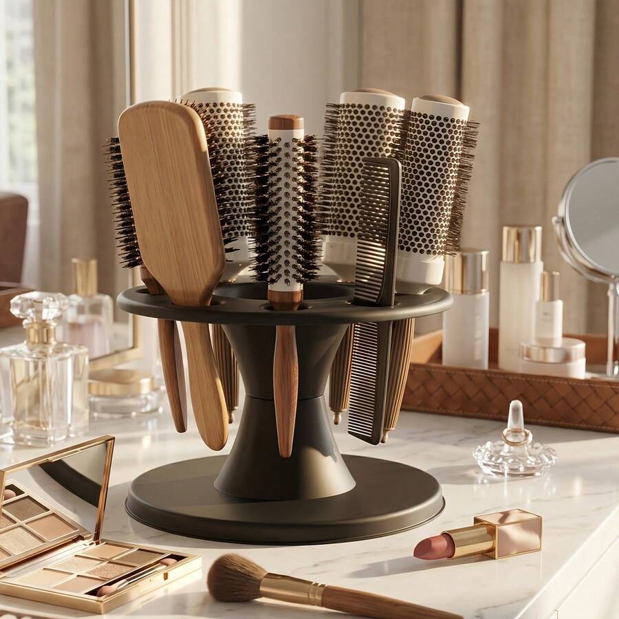 Hair Brush Holder, Round Hair Brush And Comb Storage Rack, Multi-Slot Scissors Holder, Desktop Bathroom Organizer, Salon Hairdressing Station Vanity - Multicolor - View 1