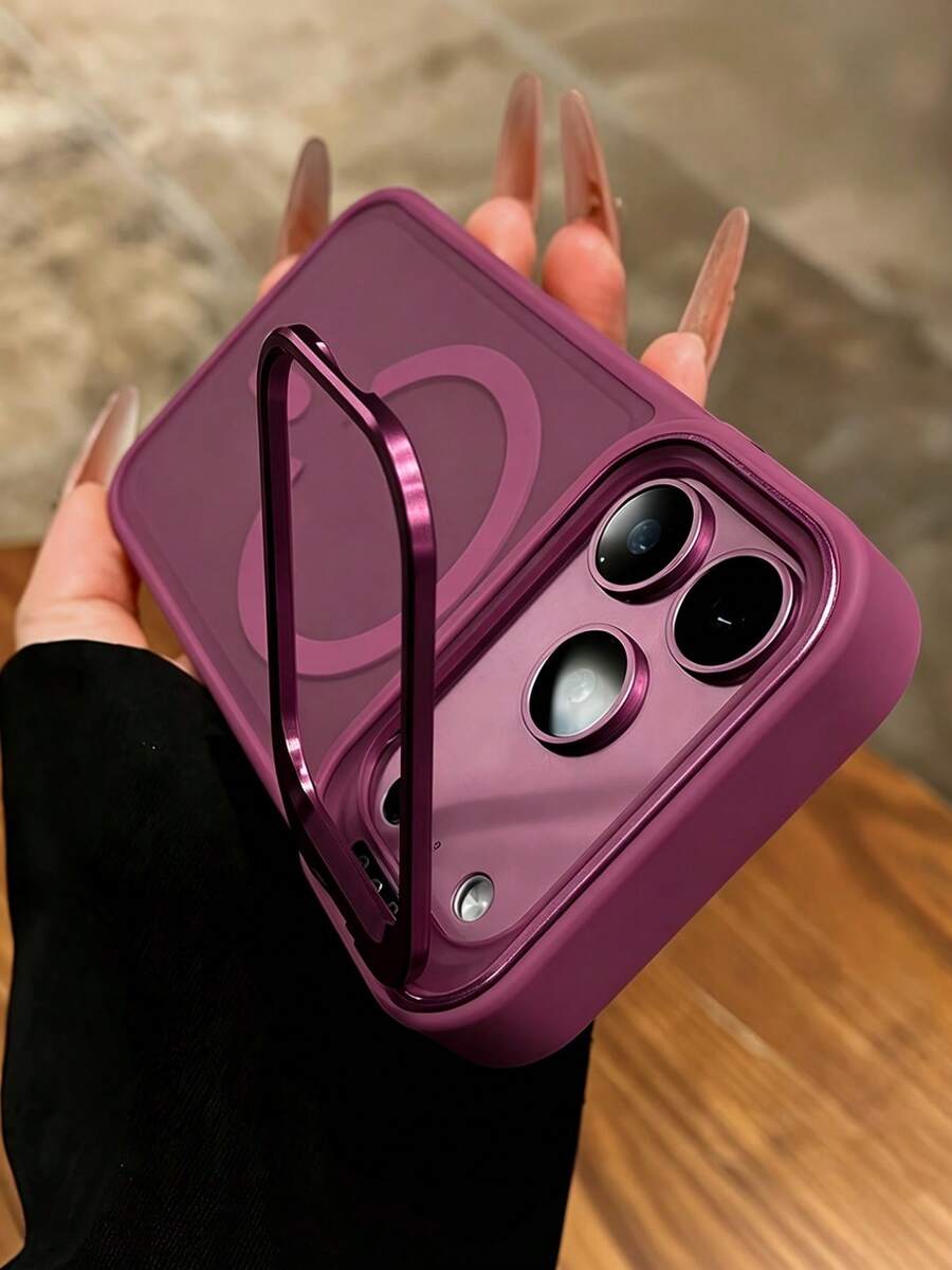 奢華半透明磨砂壓克力磁吸支架酒紅色手機殼，適用於 iPhone 18 Pro Max、17 Pro Max、Air、16、15、14、13、12、11 Pro Max Plus，支援磁吸無線充電，16 Pro 機殼，親膚手感金屬鏡頭環防震保護套