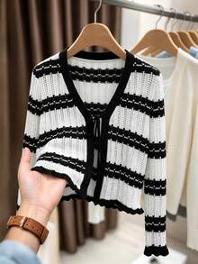 HOMEYEE Black & White Contrast Striped V-Neck Tie-Front Hollow Knit Cardigan Women's Ruffle Hem Flare Sleeve Short Slim Fit Sun Protection Jacket - Black - View 2