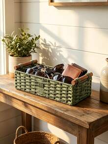 Forest Style Paper Rope Woven Solid Wood Handle Storage Basket, Bathroom Toilet Countertop Care Storage Box, Desktop Soft Decor Tray, Shelf Storage Basket, Multi-Functional Storage Basket, Suitable For Bathroom, Living Room, Bedroom And Office - Multicolor - View 4