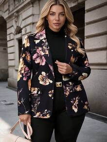 HOMEYEE Floral Print Long Sleeve Blazer Jacket With Pockets, Vintage Elegant Casual Suitable For All Seasons, Plus Size Black Vacation Spring Fall - Black - View 2