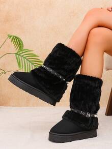 Women's Solid‑Color Mid‑Calf Platform Boots, Draping‑Style Long‑Plush Upper Trim, Faux‑Suede Boot Body With Silver‑Stud Decorative Buckle Side‑Strap - Black - View 3