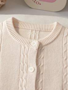 Girls' Sweet Mushroom Embroidered Cable Knit Round Neck Long Sleeve Cardigan Sweater Jacket, Casual Versatile For Daily Wear And School, Spring Autumn Winter - Apricot - View 3