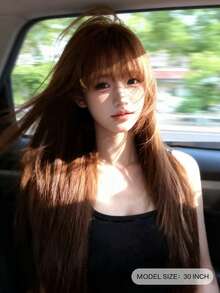 alicegarden 30-Inch Long Synthetic Wig Featuring A Natural Straight Style A Stunning Brown. Designed With Bangs , This False Hairpiece Is Perfect For Ms Daily Party Cosplay Use, Offering A Natural And Natural Durable Wig Gift For Ladies. - Brown - View 2