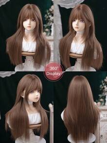 alicegarden 30-Inch Long Synthetic Wig Featuring A Natural Straight Style A Stunning Brown. Designed With Bangs , This False Hairpiece Is Perfect For Ms Daily Party Cosplay Use, Offering A Natural And Natural Durable Wig Gift For Ladies. - Brown - View 7