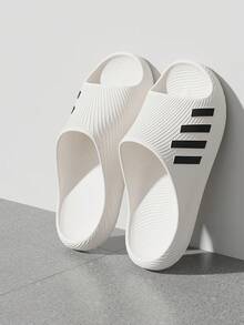 Black & White Minimalist Men's Casual Summer Open Toe Slippers, EVA Soft Sole Cloud-Feel Bathroom Slides - White - View 8