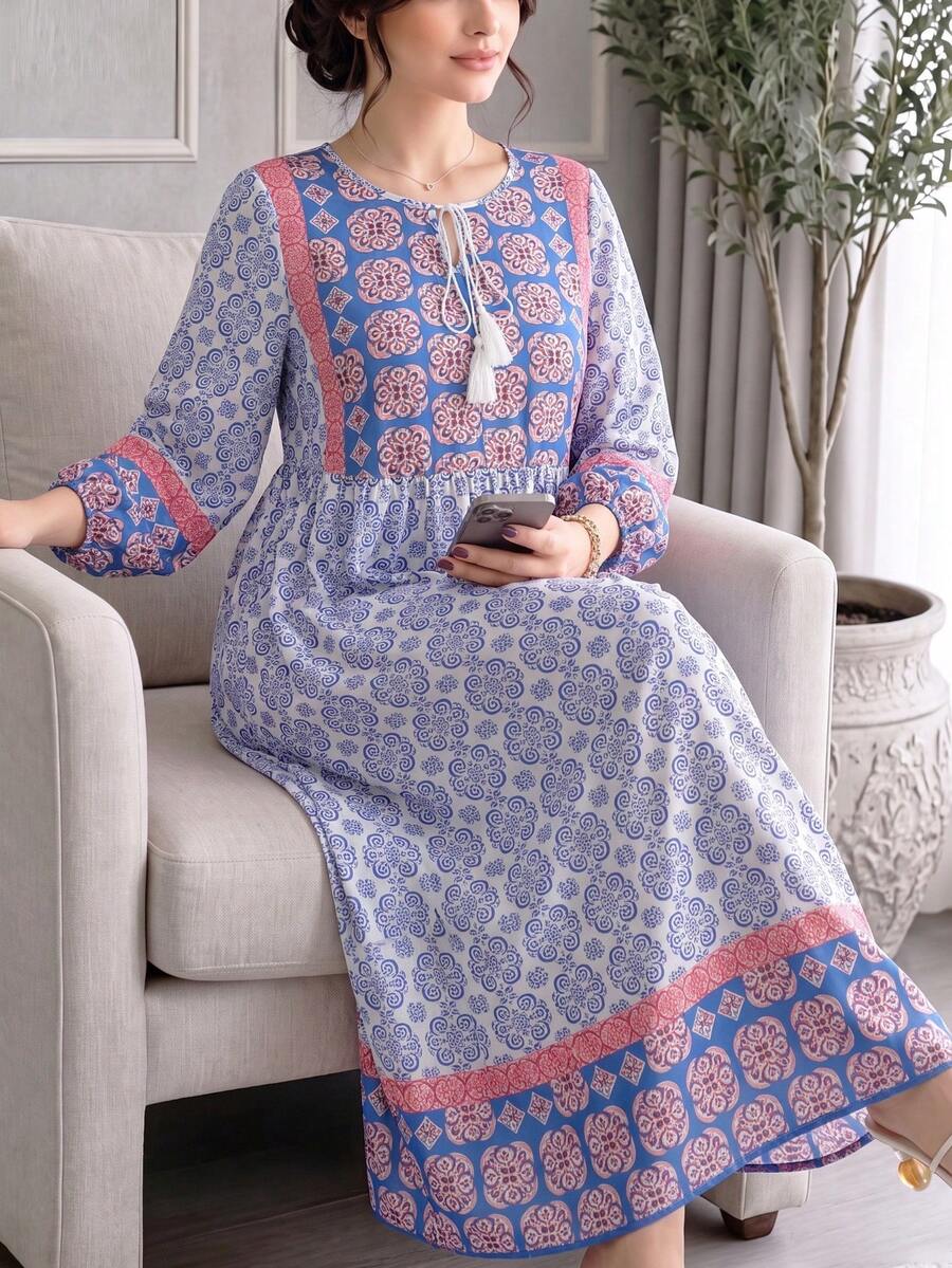 Plus Size Women's Loose Fit Geometric Floral Vintage Print Long Sleeve Dress - Multicolor - View 1