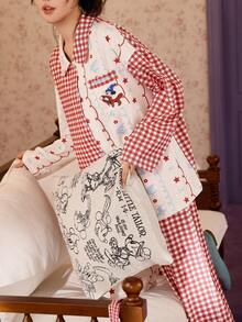 Gongdie 2 Pieces Disney Mickey Women's Pajama Set,Spring Fall Red Gingham Soft Cotton Loungewear With Pocket - Red - View 5