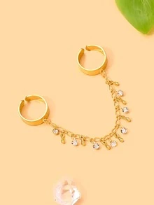 Ins Vintage Style Open Wide Ring Connected Bracelet Ring With Multiple Dangles, Rhinestones And Gold Beads, One-Piece Double Finger Ring - Pendants - View 3