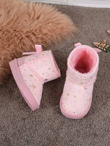 Dreamy Pink Girls' Short Snow Boots With Gold Plated Star Bow, Warm Boots For Preschoolers In Winter - Pink - View 5