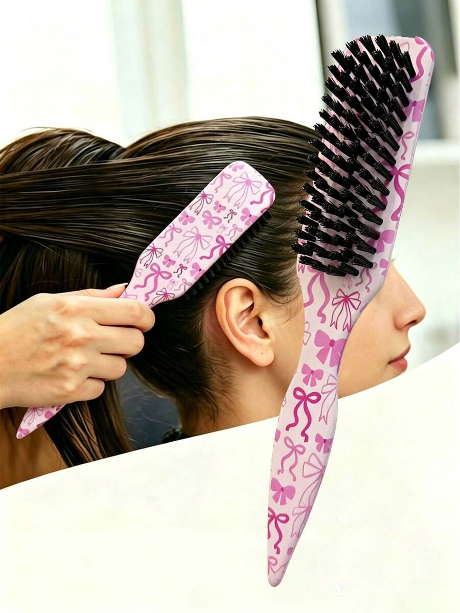 1pc Slick Back Hair Brush,Pink Bow Pattern ,Smoothing Brush For Smooth Flyaways, Frizz, Sleek Ponytail, Buns And Edge Hair Control, Teasing Gel Comb Styling Accessories For Women - Multicolor - View 1