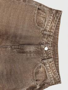 Women's Khaki Washed Wide Leg Jeans, Vintage Distressed Brown Tone Loose Drape Versatile Commute Casual Long Pants - Khaki - View 5