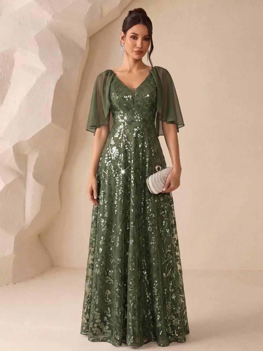 XUCTHHC Elegant Party High-Quality Sequin V-Neck Ruffle Sleeve A-Line Formal Ball Gown, Evening Dress, Wedding Guest, Graduation, Holiday, Autumn/Winter - Olive Green - View 1
