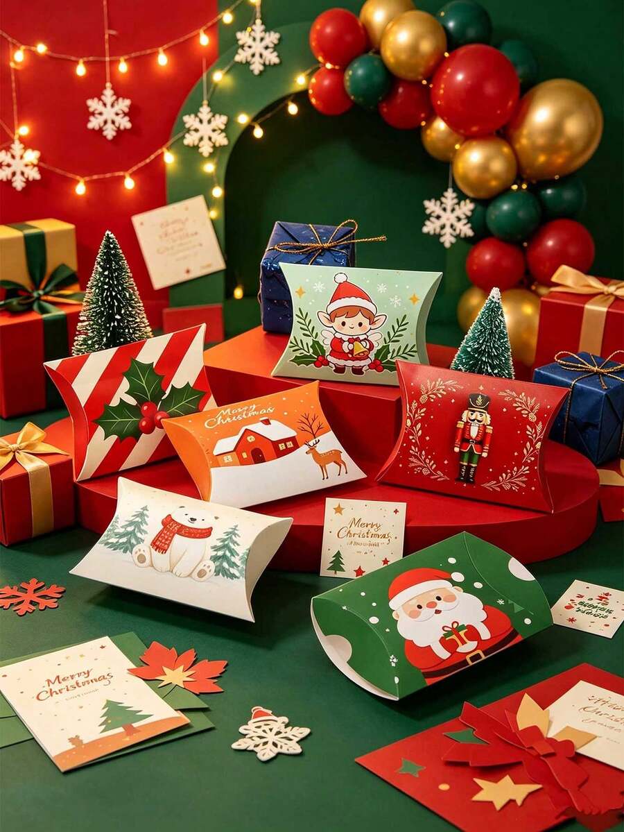 6PCS/12PCS Kotak Hadiah Berbentuk Bantal Kartun Natal, Kotak Kertas Bergambar Santa, Nutcracker, dan Elf untuk Permen, Kue, dan Camilan, Kemasan Suvenir Pesta Natal - View 1