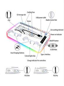 GAMINJA Kühlständer mit RGB-Lampe für CD/Digitale Bearbeitungskonsole, inklusive Doppel-Ladestation für Controller, Kühlventilator, Fernbedienung/CD-Aufbewahrung, USB-Hub und Kopfhörerhalter - Verbesserte Version-weiß - Übersicht 7