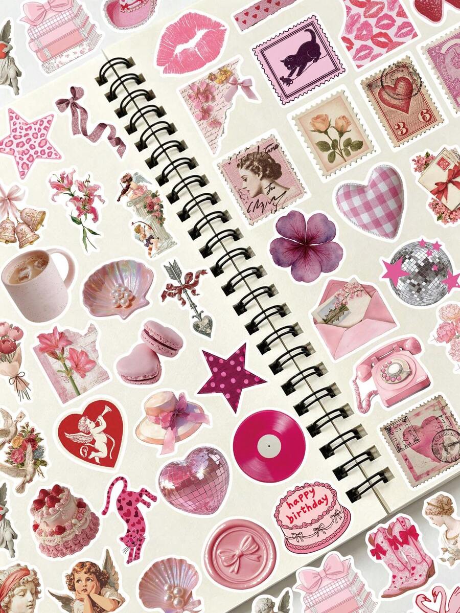 50PCS,Pink Heart Mobile Phone Stickers,PVC Material,Scrapbook Supplies,Creative And Aesthetic Design Sticker,Suitable For Mobile Phone Cases,Tablets,Laptops,Suitcases,Cars,Notebooks,Helmet,Guitar,Skateboard,Storage Box,Computer, - Multicolor - View 1