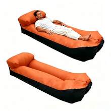 2pcs/Set Black & Orange Contrast Color Camping Inflatable Sofa, Single Person With Headrest, Suitable For Camping, Hiking, Backyard, Patio Leisure, Slouchy Air Lounger, Portable Foldable Storage, Sit & Lie Dual Use, Outdoor Bedding, Outdoor Inflatable Mattress - Multicolor - View 4