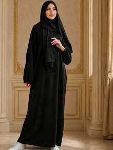 Solid Color One-Piece Hooded Abaya, Cuffed Puff Long Sleeve Abaya, Middle Eastern Women Prayer Cover-Up - Black - View 3