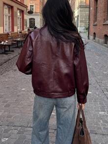 Autumn/Winter Solid Color Asymmetric Button Lapel Long Sleeve Loose PU Leather Jacket, Urban Street Style Fashion Outerwear - Burgundy - View 10