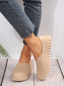 New Women's Fashion Thick Sole Round Toe Comfortable Casual Shoes, Outdoor Walking Shoes, Work Outfit Slouchy Loafers - Apricot - View 3