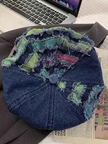 Korean Style Blue Denim Patchwork Washed Distressed Beret Hat For Women, Japanese Style Versatile Octagonal Cap, Flattering Face-Slimming Design - Multicolor - View 3