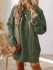 Acelitt Plus Size Women's Solid Color Knit Textured Cold Shoulder Plus Size Sweater Dress, Autumn/Winter - Green - View 5