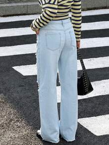 Women's Distressed Flare Leg Casual Wide Leg Jeans - Light Wash - View 3