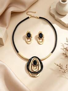 3pcs/Set Vintage Round Asymmetrical Oval Pendant Necklace & Earrings Set, Personalized Fashion Luxury Style Women Jewelry Set Suitable For Daily Wear And Party Date - Multicolor - View 2
