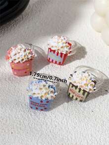 4pcs Cartoon Cute Realistic Colorful Popcorn Bucket Rings, Heart Polka Dot Stripe Elements, Suitable For Wearing During Movies, Friends Party Gatherings, Ideal Gift For Friends. - Multicolor - View 3